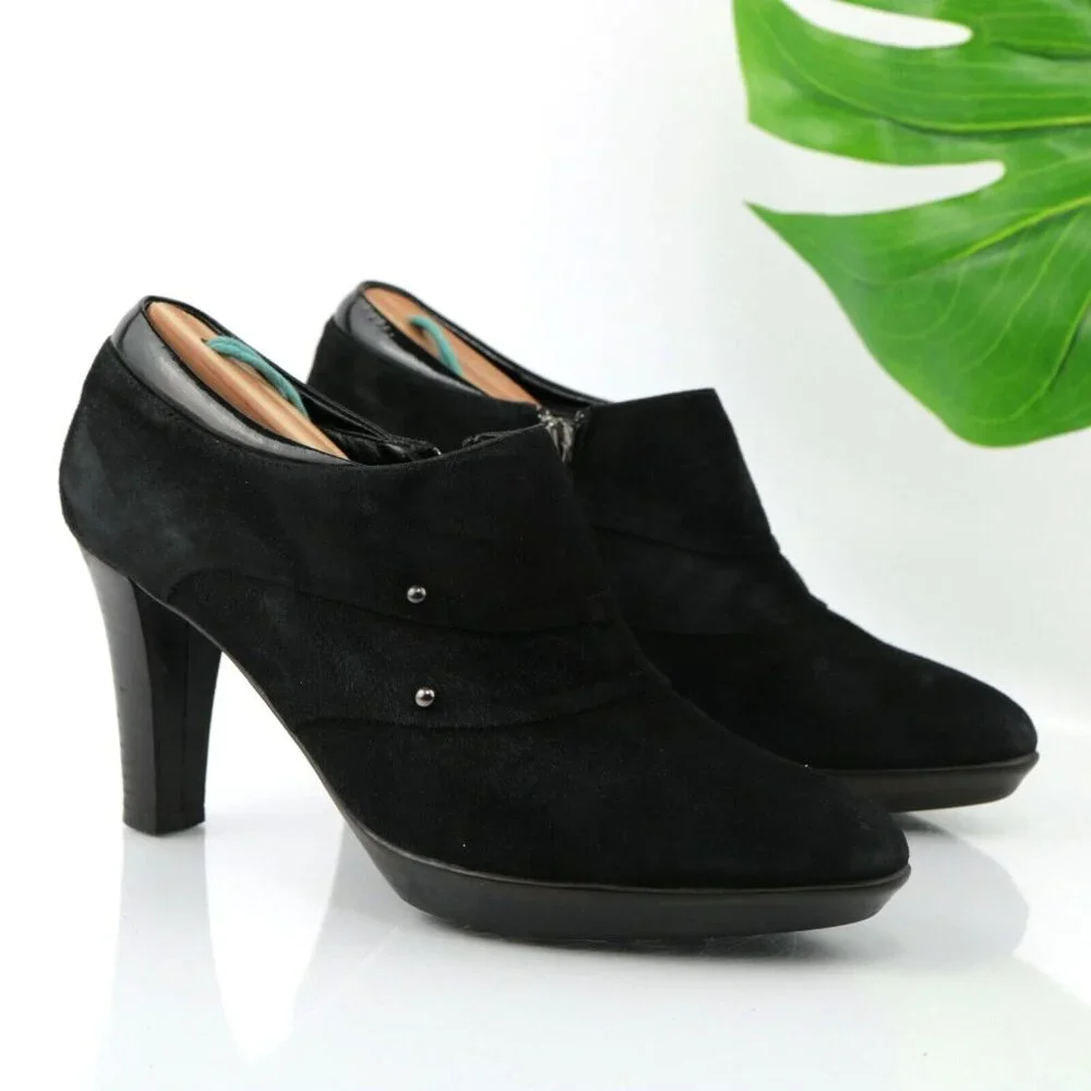 Aquatallia Womens Boot Size 8.5 Waterproof Black Suede Block Heel Bootie Shootie - Picture 12 of 12